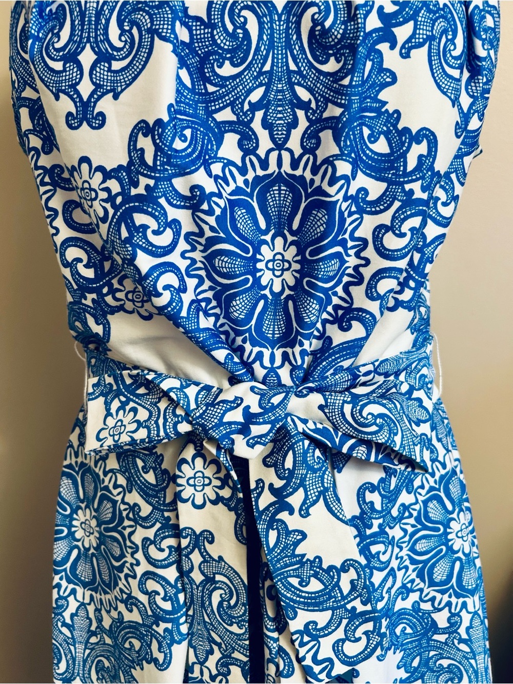Cleo Patterned Cotton Midi Dress in Classic Blue & White - Picture 2 of 9